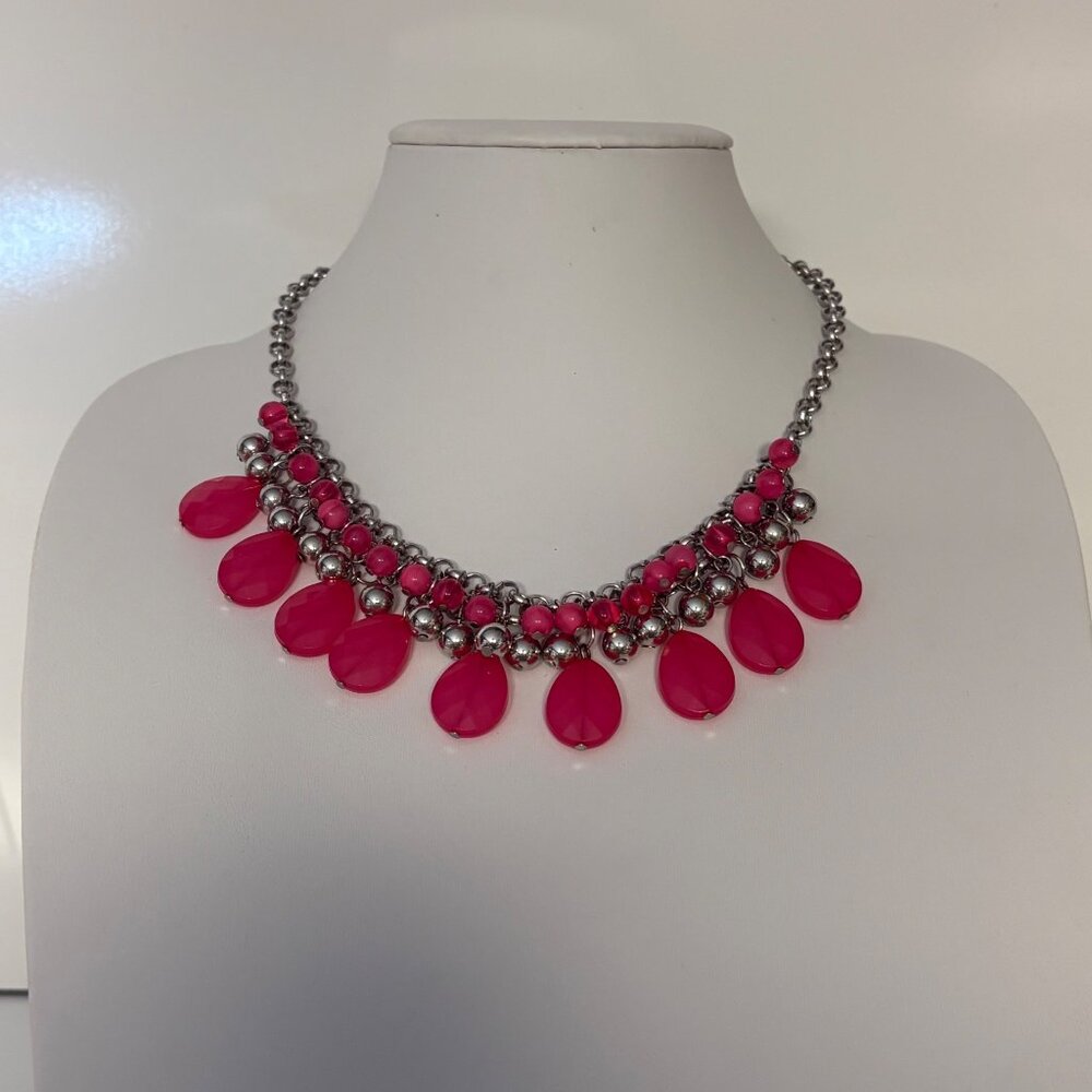Hot Pink Teardrop Bib Necklace Silver Tone Chain Beaded Statement Jewelry